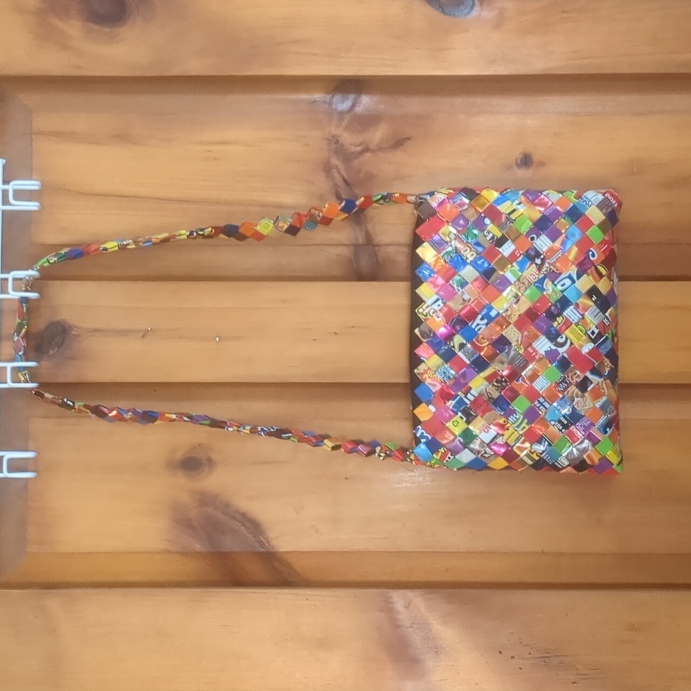 Handmade In Mexico candy wrapper shoulder bag with zipper.